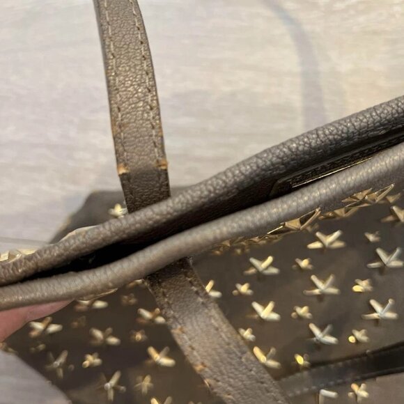 JIMMY CHOO Sasha Star Studded Tote Shoulder Bag Gray Beige Leather - Picture 4 of 6
